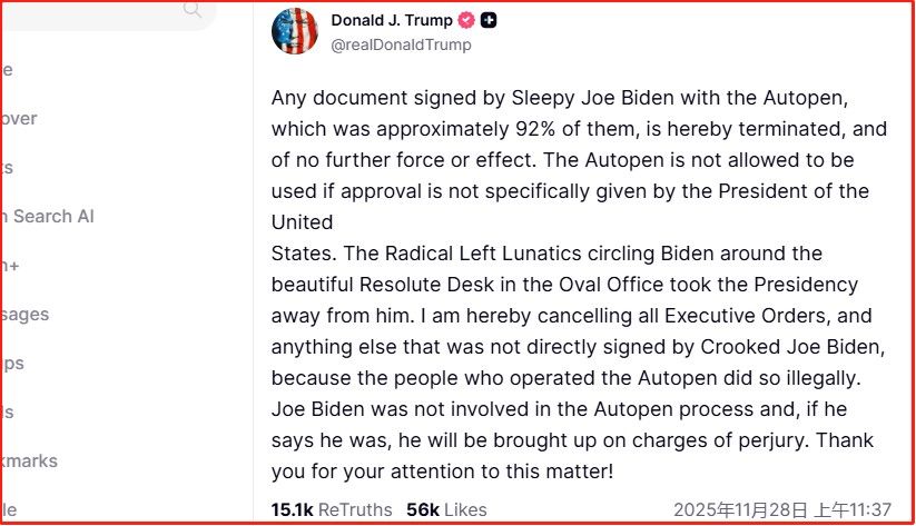 特朗普宣布作废拜登92%的行政命令